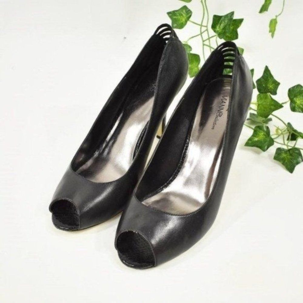 Vianni black leather open toe stiletto heels 9